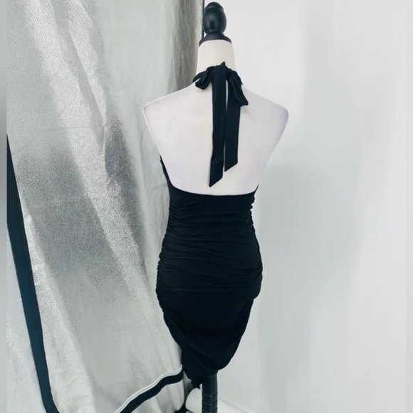 Black Sleeveless Halter Neck Backless Open Back Cutout Ruched Bodycon Mini Dress - Picture 13 of 17